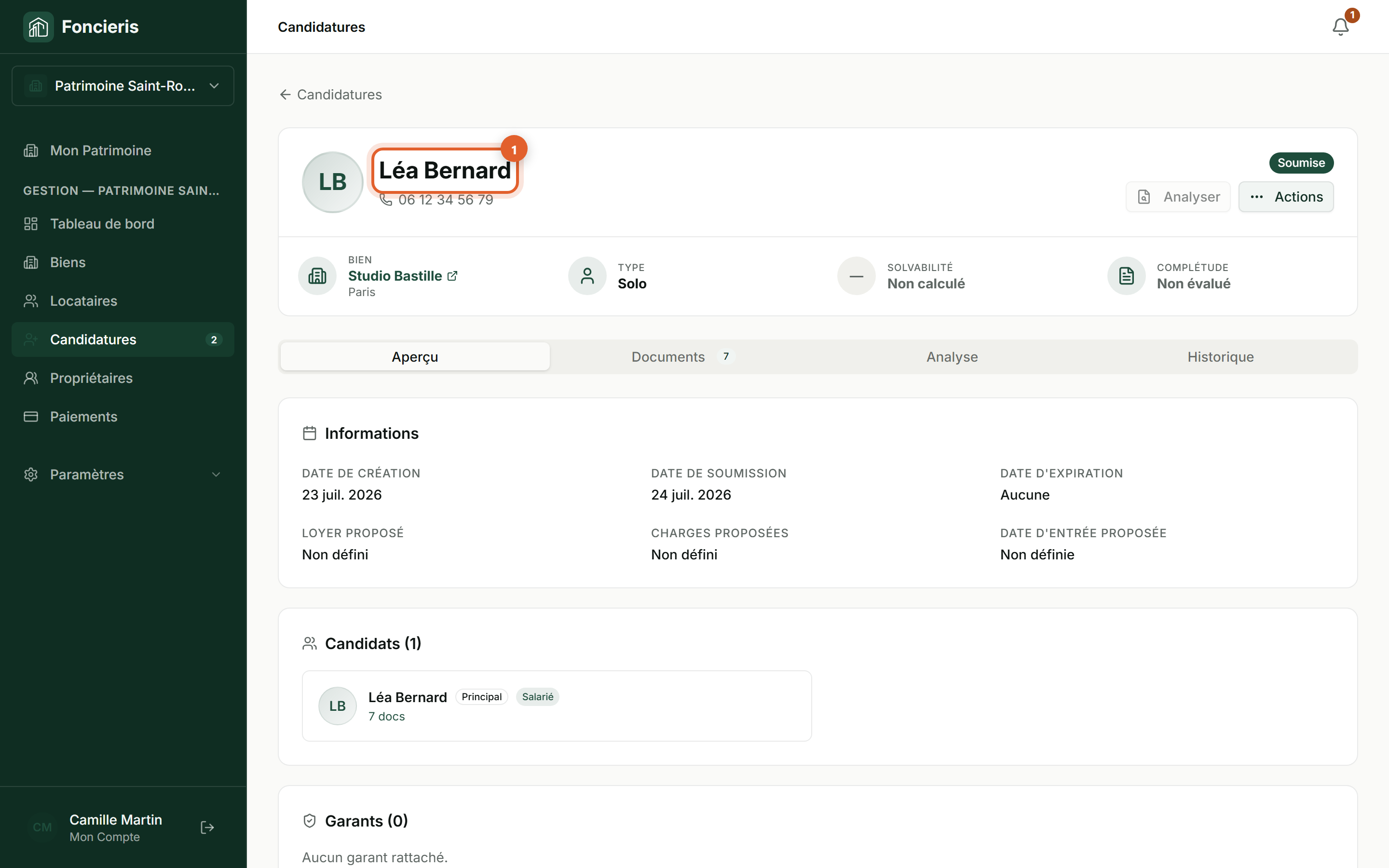 Interface réelle Foncieris avec données fictives — Accepter une candidature et créer le bail, étape 1 : Vérifiez le dossier retenu