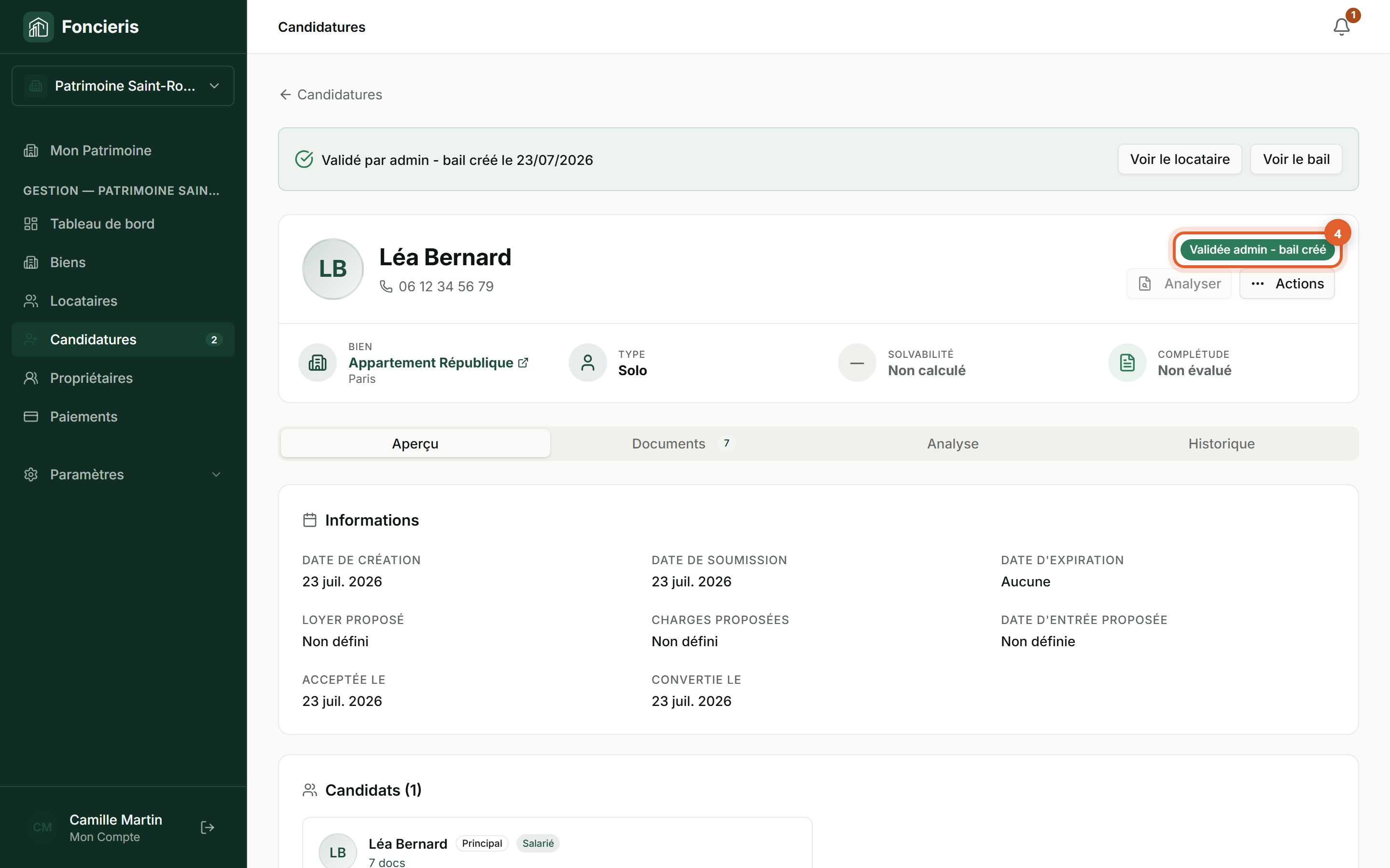 Interface réelle Foncieris avec données fictives — Accepter une candidature et créer le bail, étape 4 : Confirmez la conversion