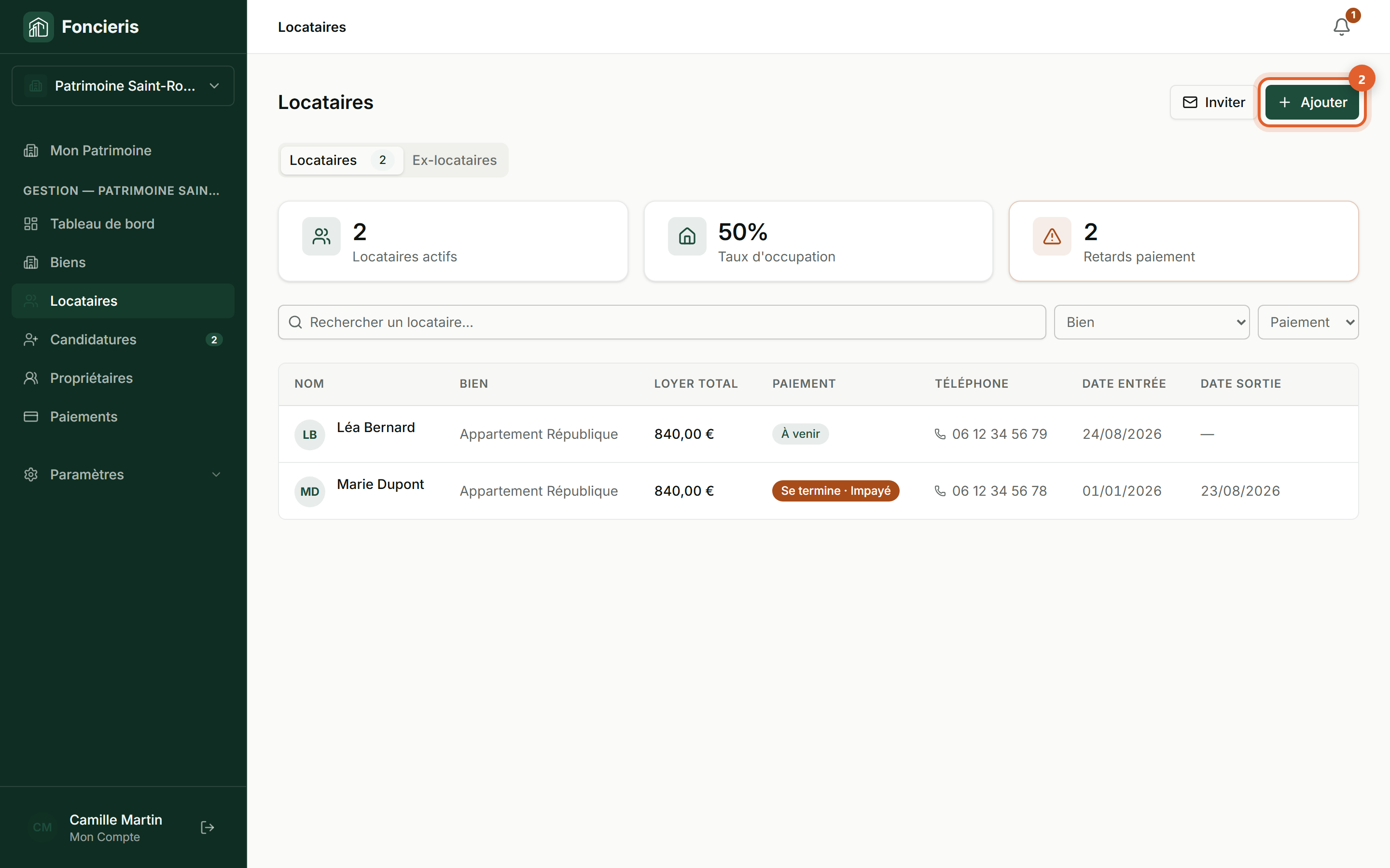 Interface réelle Foncieris avec données fictives — Ajouter un locataire et créer son bail, étape 2 : Ouvrez le nouvel assistant