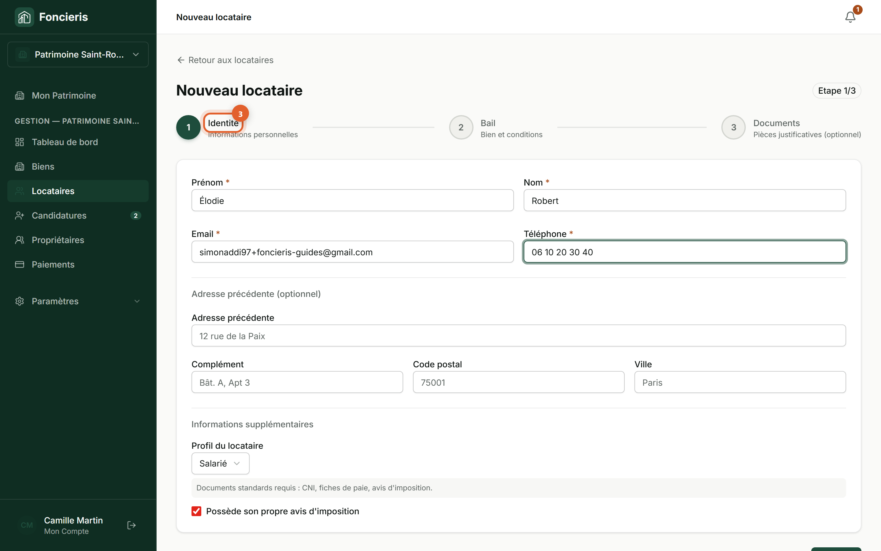 Interface réelle Foncieris avec données fictives — Ajouter un locataire et créer son bail, étape 3 : Renseignez son identité