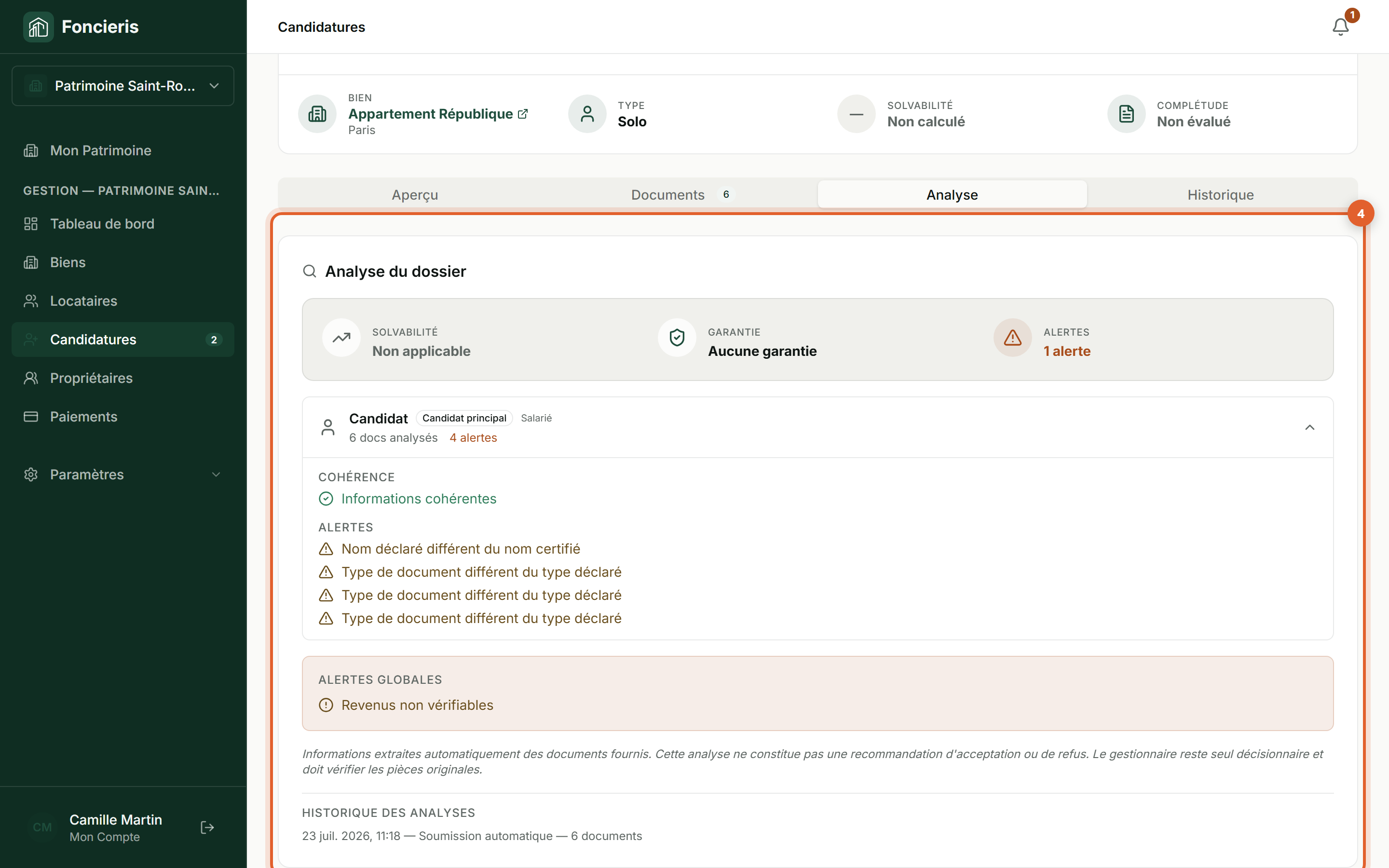 Interface réelle Foncieris avec données fictives — Analyser un dossier candidat avec l’IA, étape 4 : Lisez la synthèse