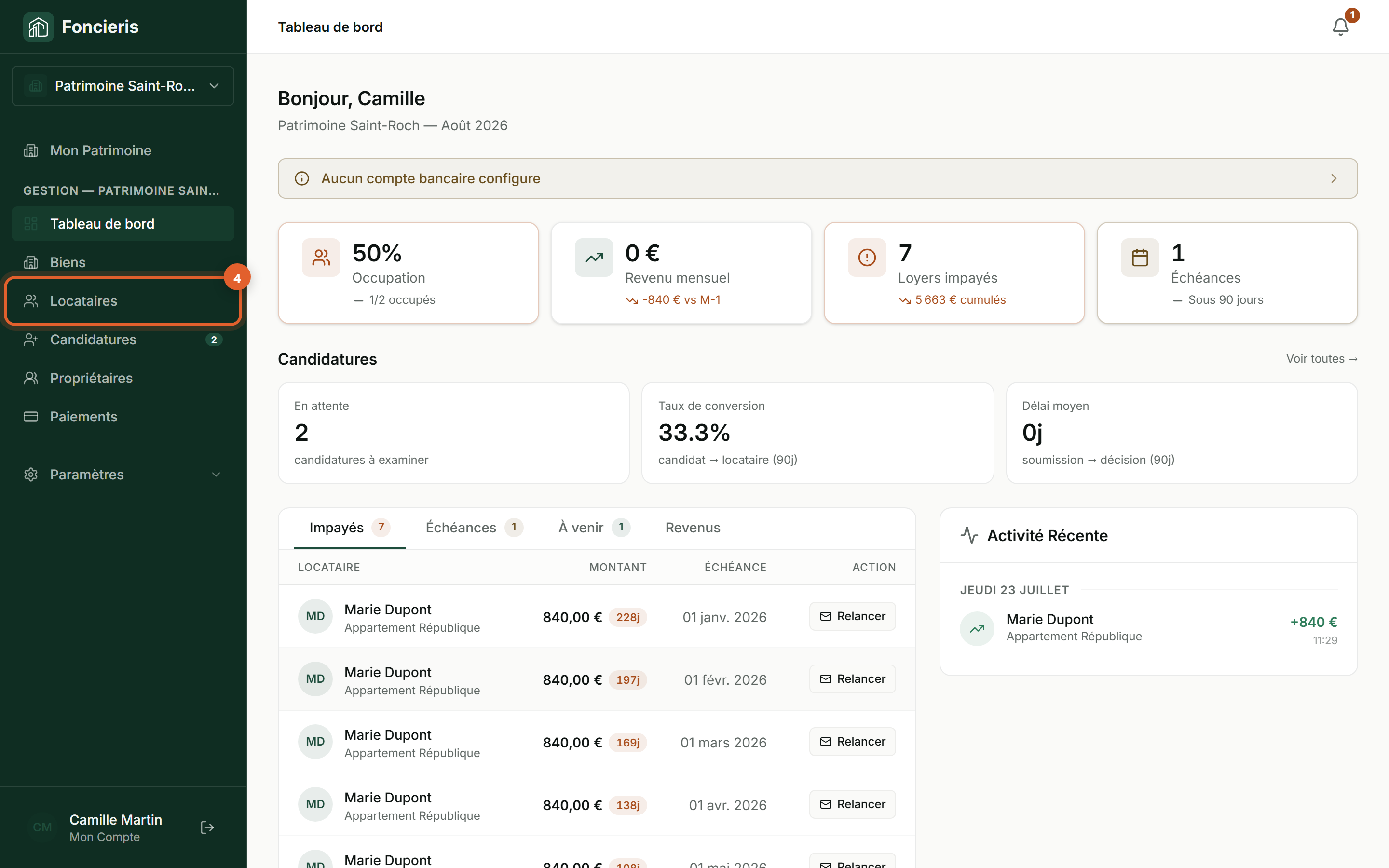 Interface réelle Foncieris avec données fictives — Bien démarrer avec Foncieris, étape 4 : Choisissez le parcours de la personne