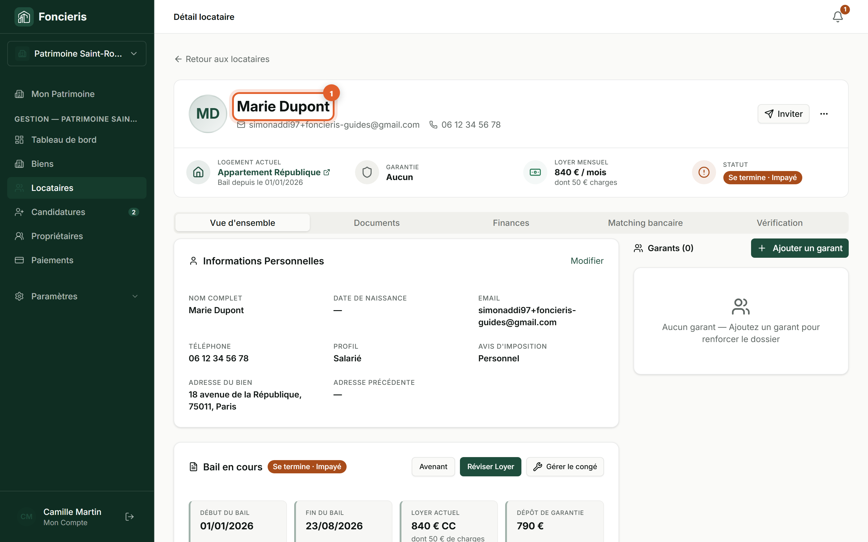Interface réelle Foncieris avec données fictives — Demander un document à un candidat ou locataire, étape 1 : Ouvrez le bon dossier