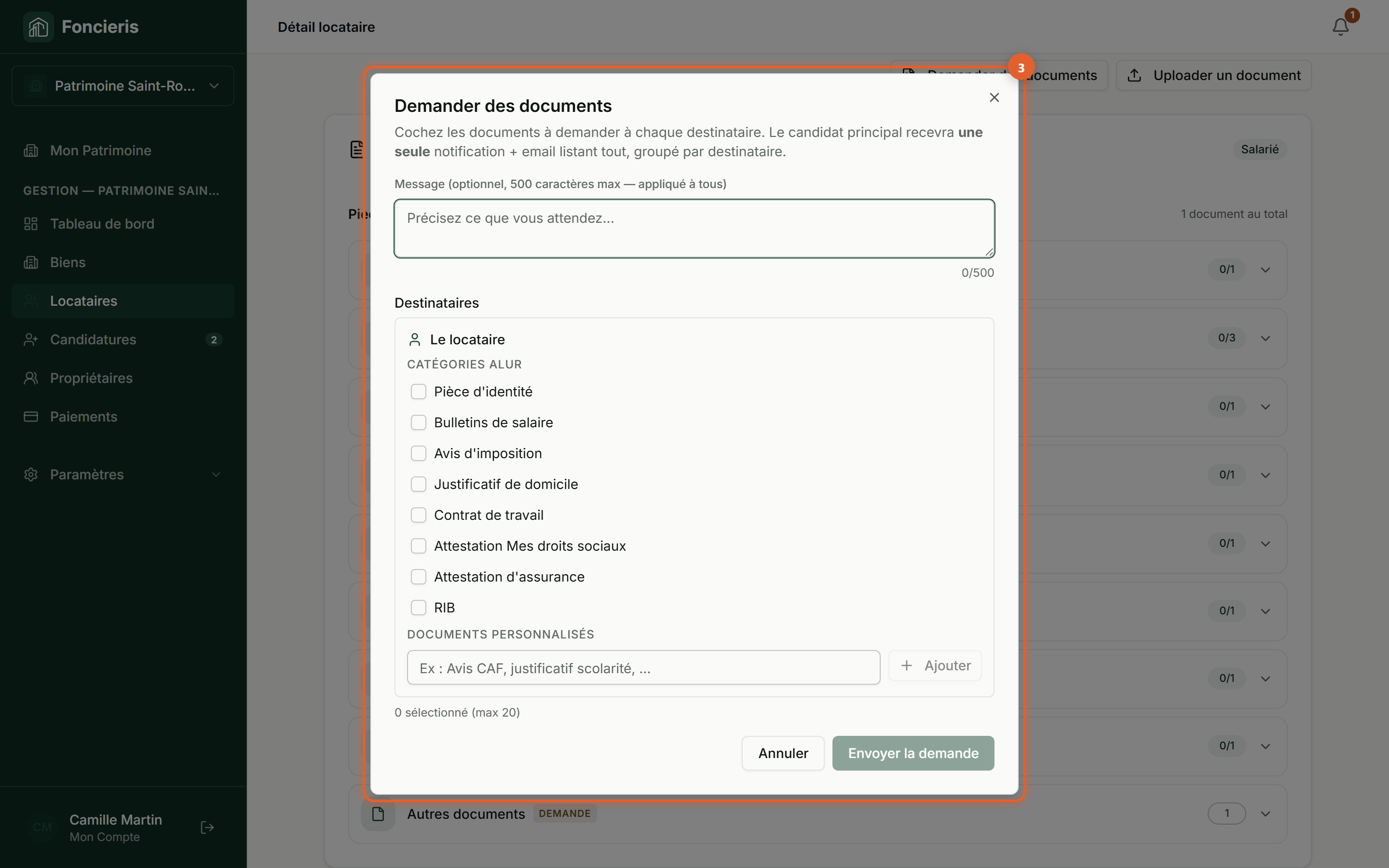 Interface réelle Foncieris avec données fictives — Demander un document à un candidat ou locataire, étape 3 : Créez la demande