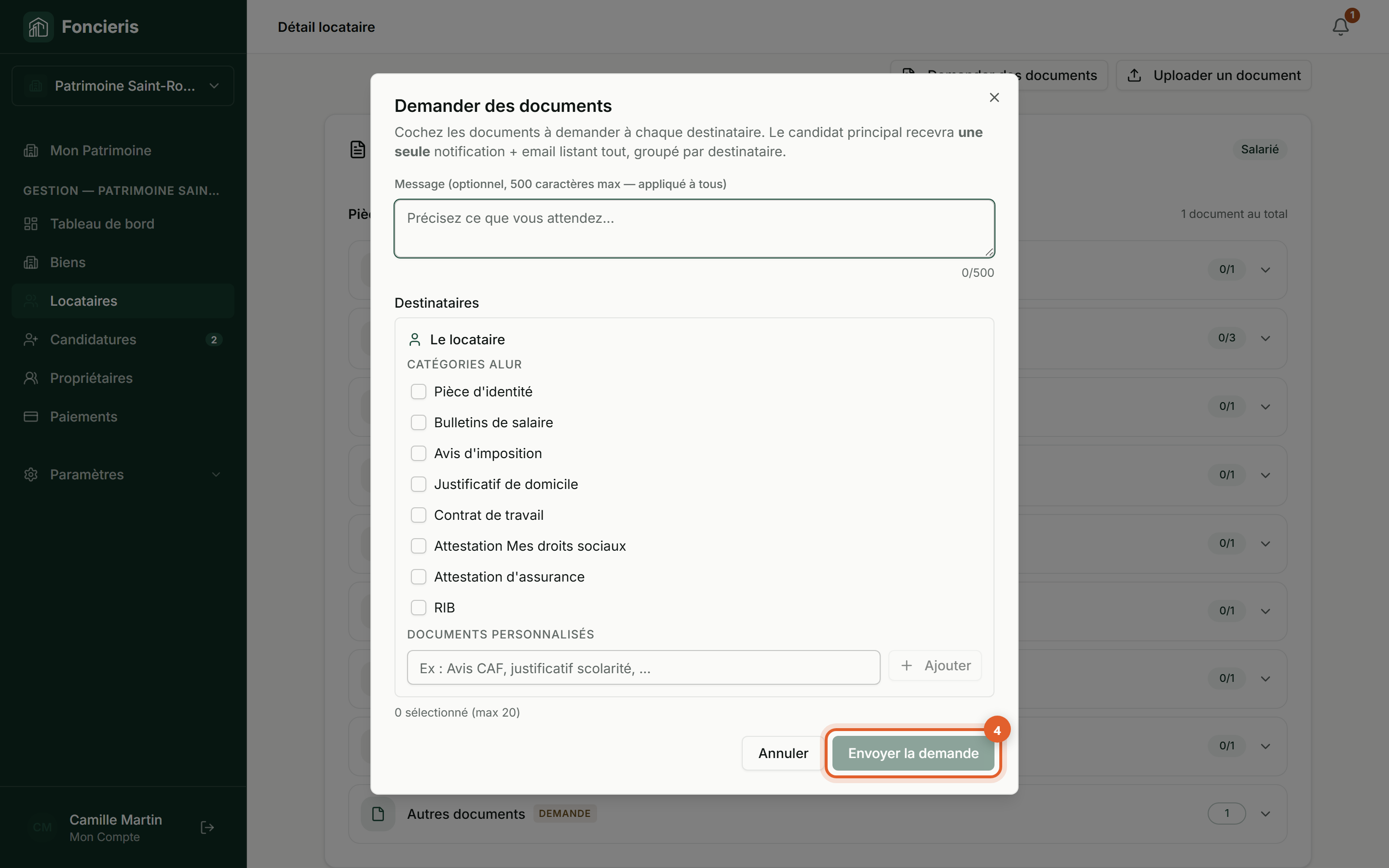 Interface réelle Foncieris avec données fictives — Demander un document à un candidat ou locataire, étape 4 : Envoyez la demande