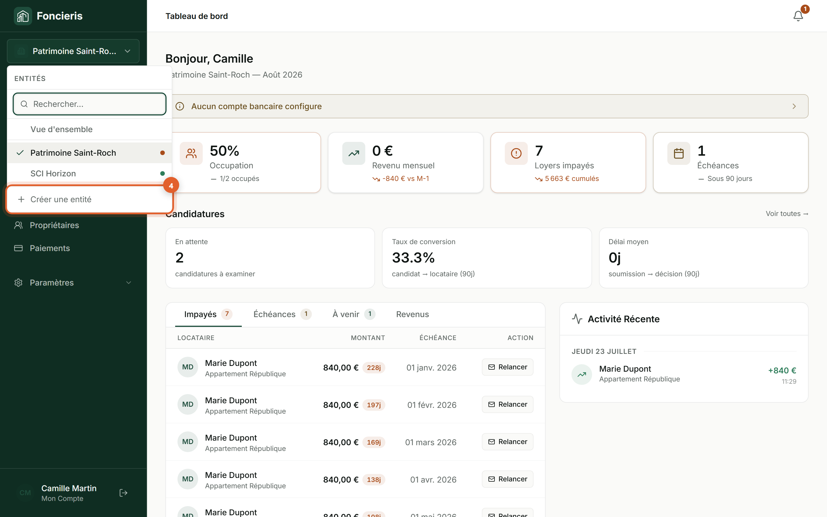 Interface réelle Foncieris avec données fictives — Gérer plusieurs structures depuis le même compte, étape 4 : Vérifiez la disponibilité de la création