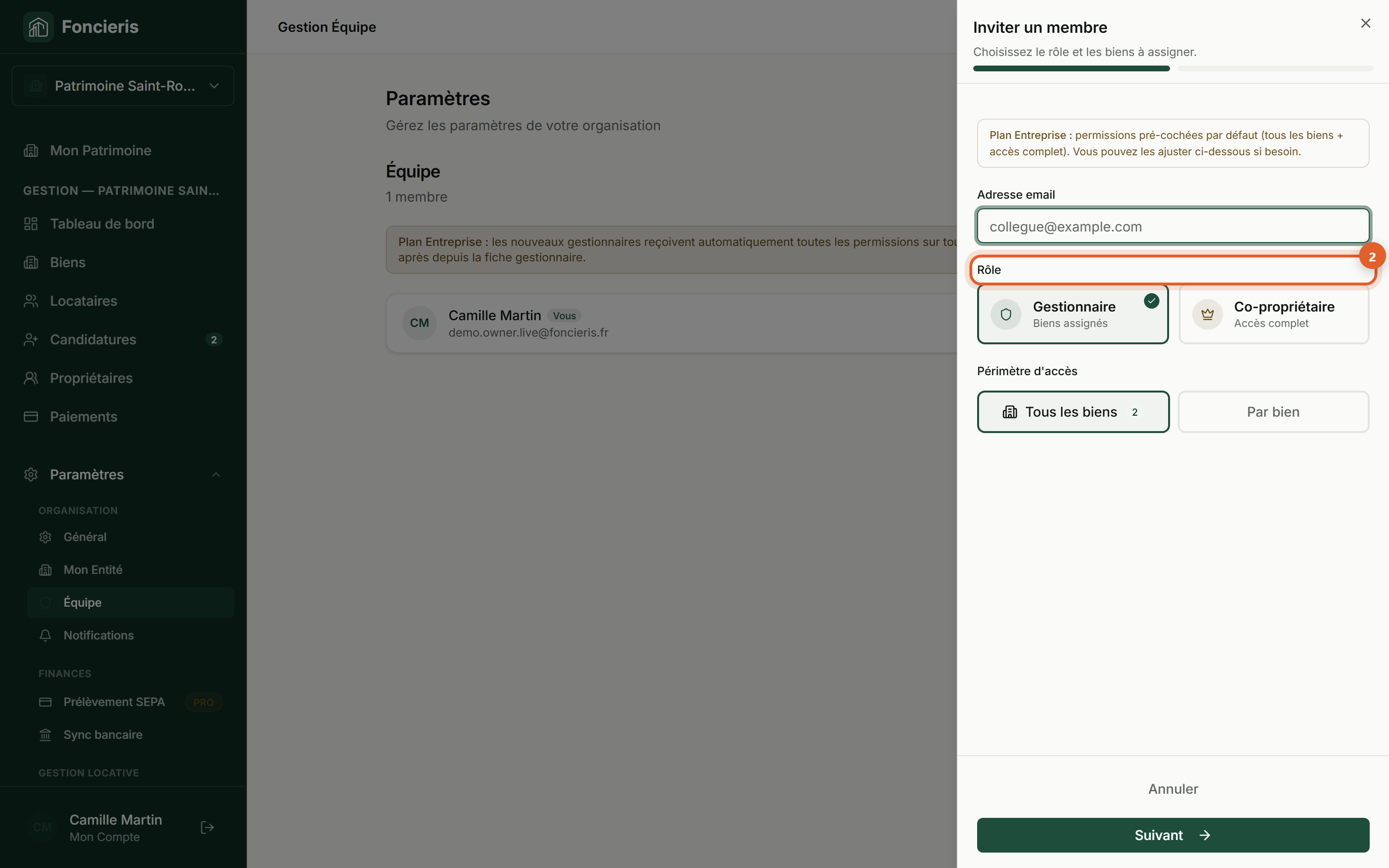 Interface réelle Foncieris avec données fictives — Inviter une personne et régler ses droits, étape 2 : Choisissez le bon rôle