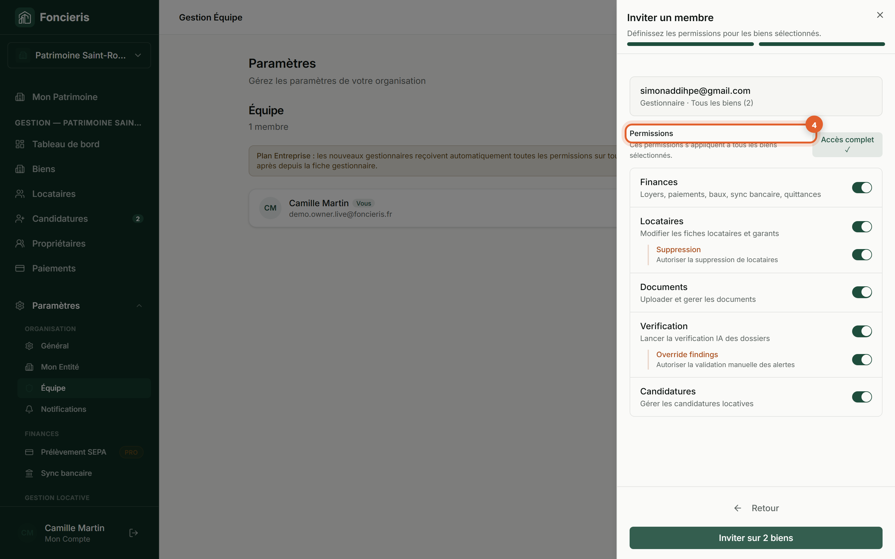 Interface réelle Foncieris avec données fictives — Inviter une personne et régler ses droits, étape 4 : Réglez les permissions