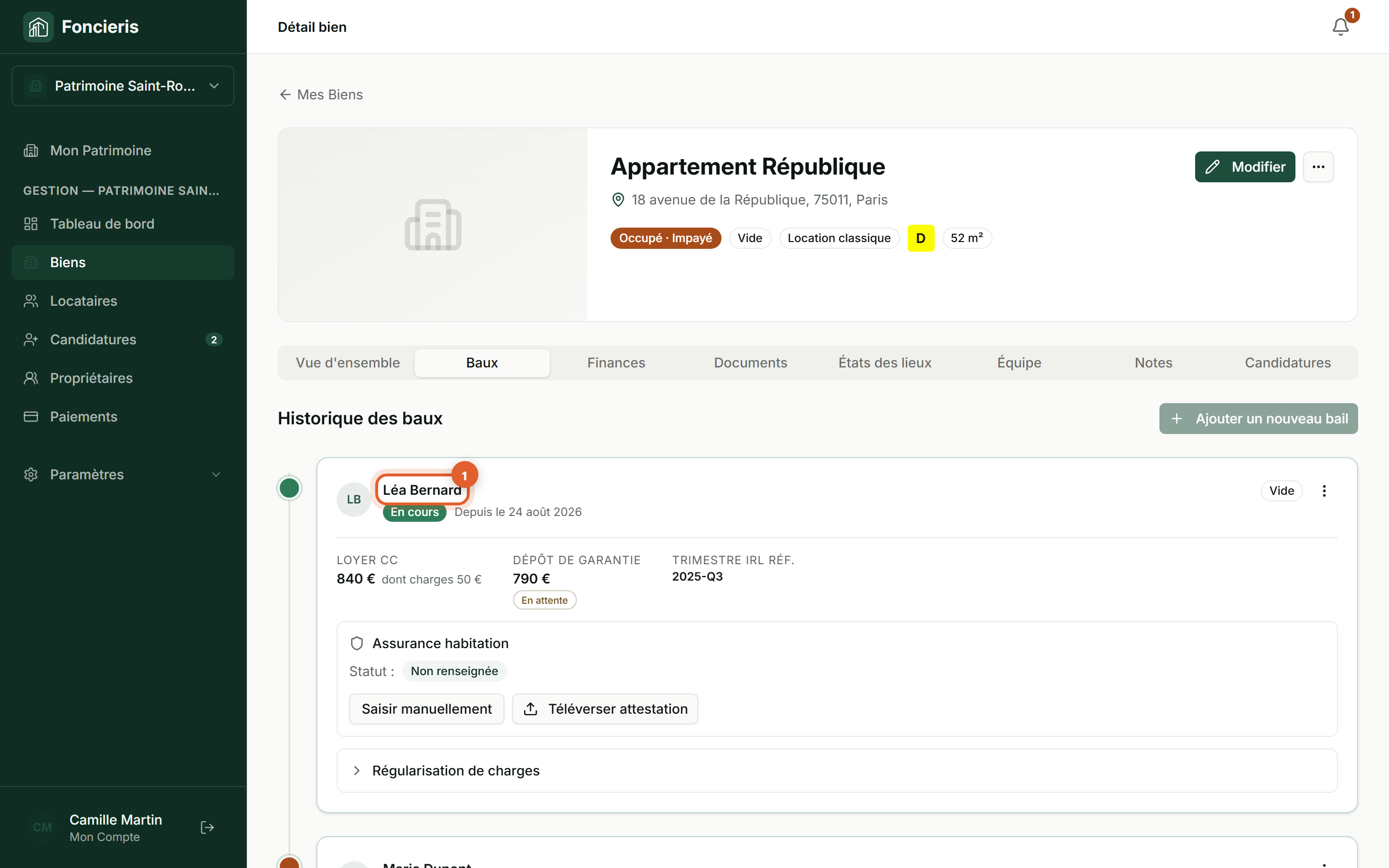 Interface réelle Foncieris avec données fictives — Modifier un bail ou donner congé, étape 1 : Ouvrez le bail concerné