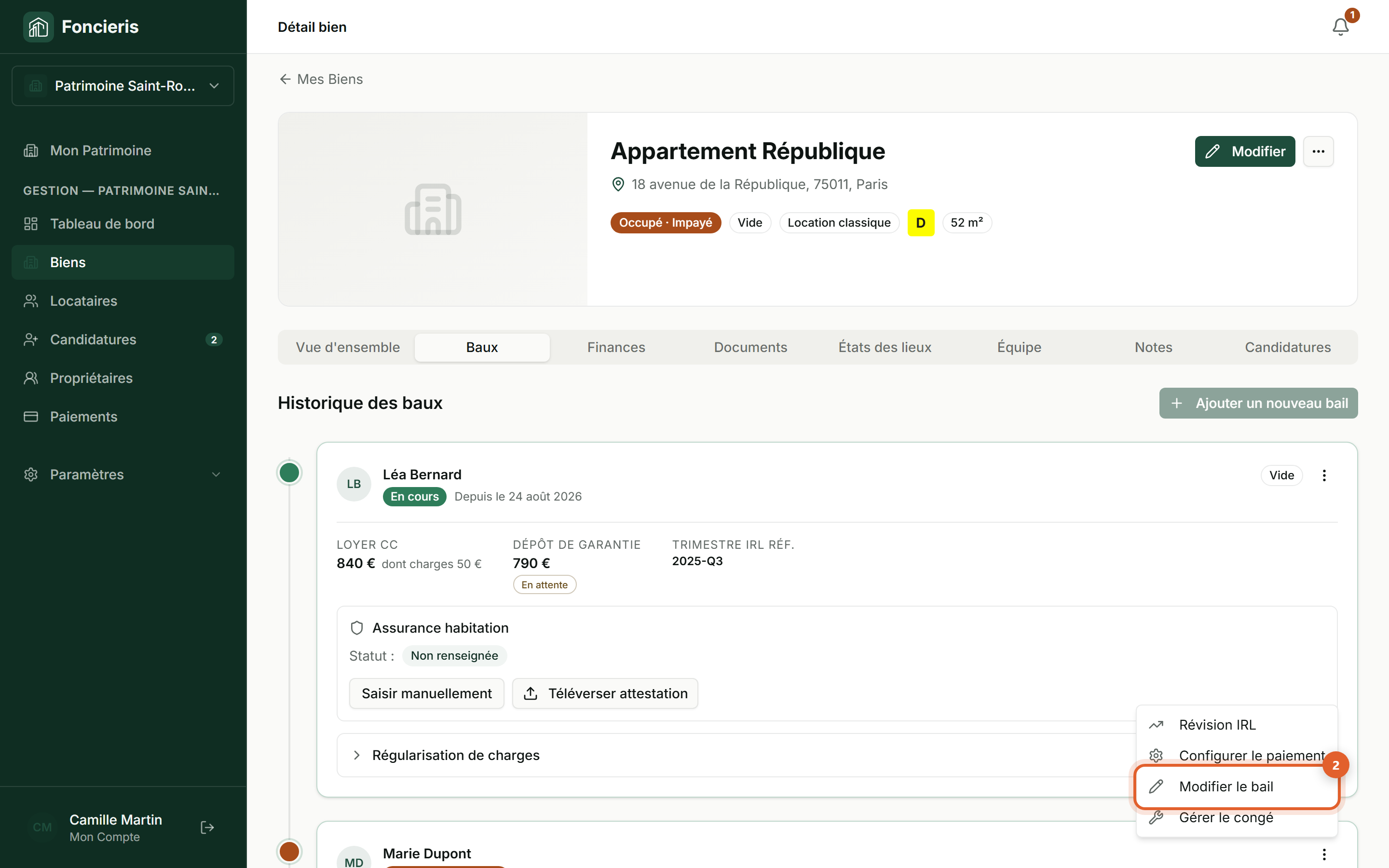 Interface réelle Foncieris avec données fictives — Modifier un bail ou donner congé, étape 2 : Choisissez l’action adaptée