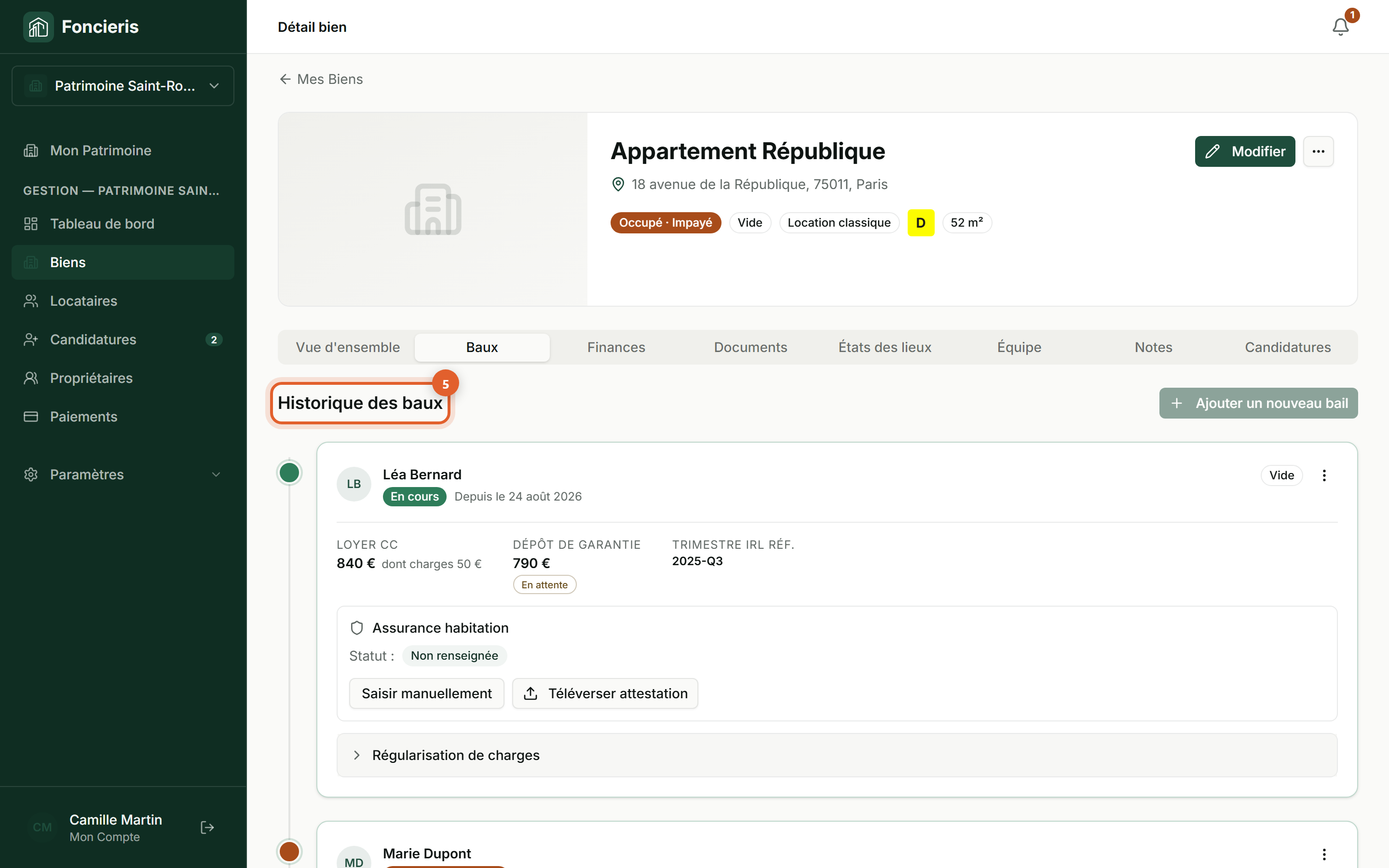 Interface réelle Foncieris avec données fictives — Modifier un bail ou donner congé, étape 5 : Validez et contrôlez le dossier