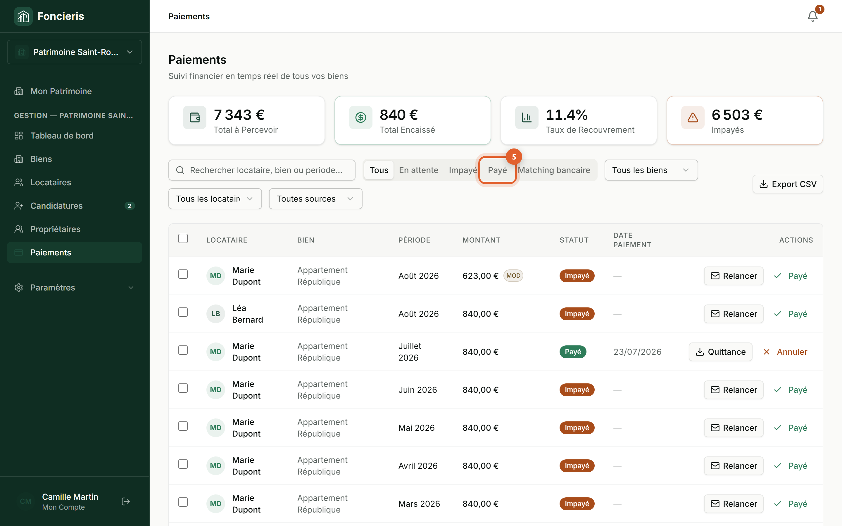 Interface réelle Foncieris avec données fictives — Rapprocher un virement bancaire, étape 5 : Contrôlez ensuite le paiement complet