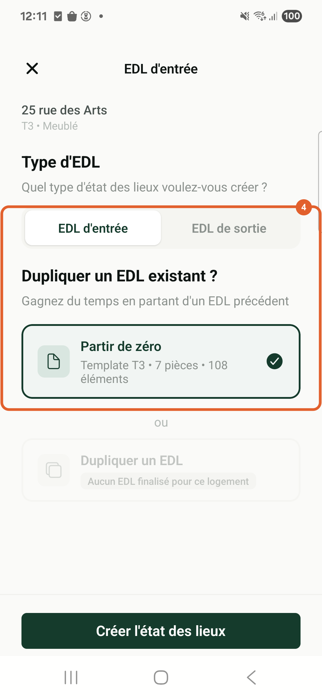 Application Android Foncieris État des lieux en production — Choisissez le type et la base du constat